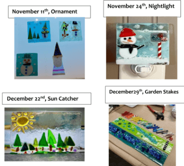 A collage showing various fused glass art projects labeled with dates in Central Oregon.
