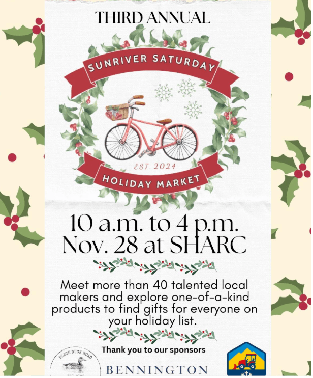 A flyer for the Third Annual Sunriver Saturday Holiday Market featuring a bicycle illustration in Central Oregon.