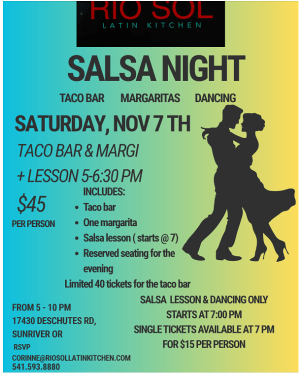 A flyer for a salsa night event at Rio Sol Latin Kitchen in Central Oregon.