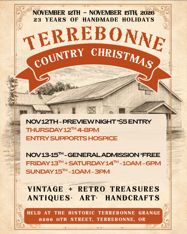 A vintage-style event flyer for the Terrebonne Country Christmas craft fair in November 2026 in Central Oregon.