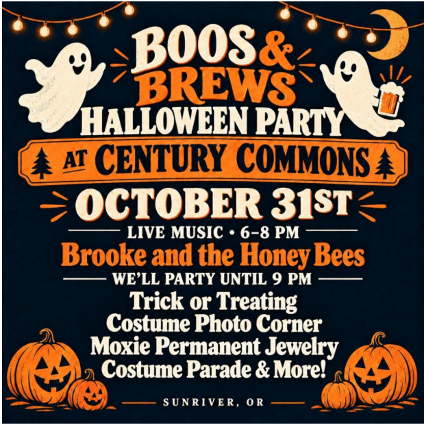 A festive Halloween party flyer titled Boos and Brews at Century Commons in Central Oregon.