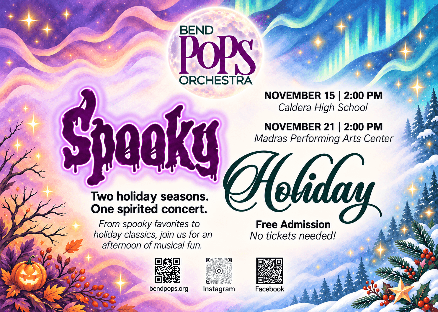 A promotional poster for a Bend Pops Orchestra concert featuring spooky and holiday themes in Central Oregon.