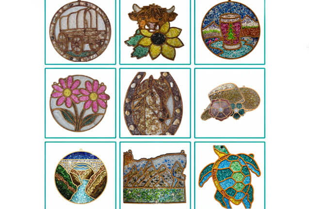 A grid of nine decorative suncatchers featuring various nature and western-themed designs in Central Oregon.