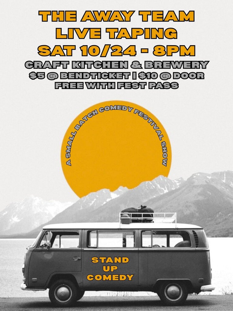 A promotional poster for a comedy show featuring a vintage van and mountain backdrop in Central Oregon.