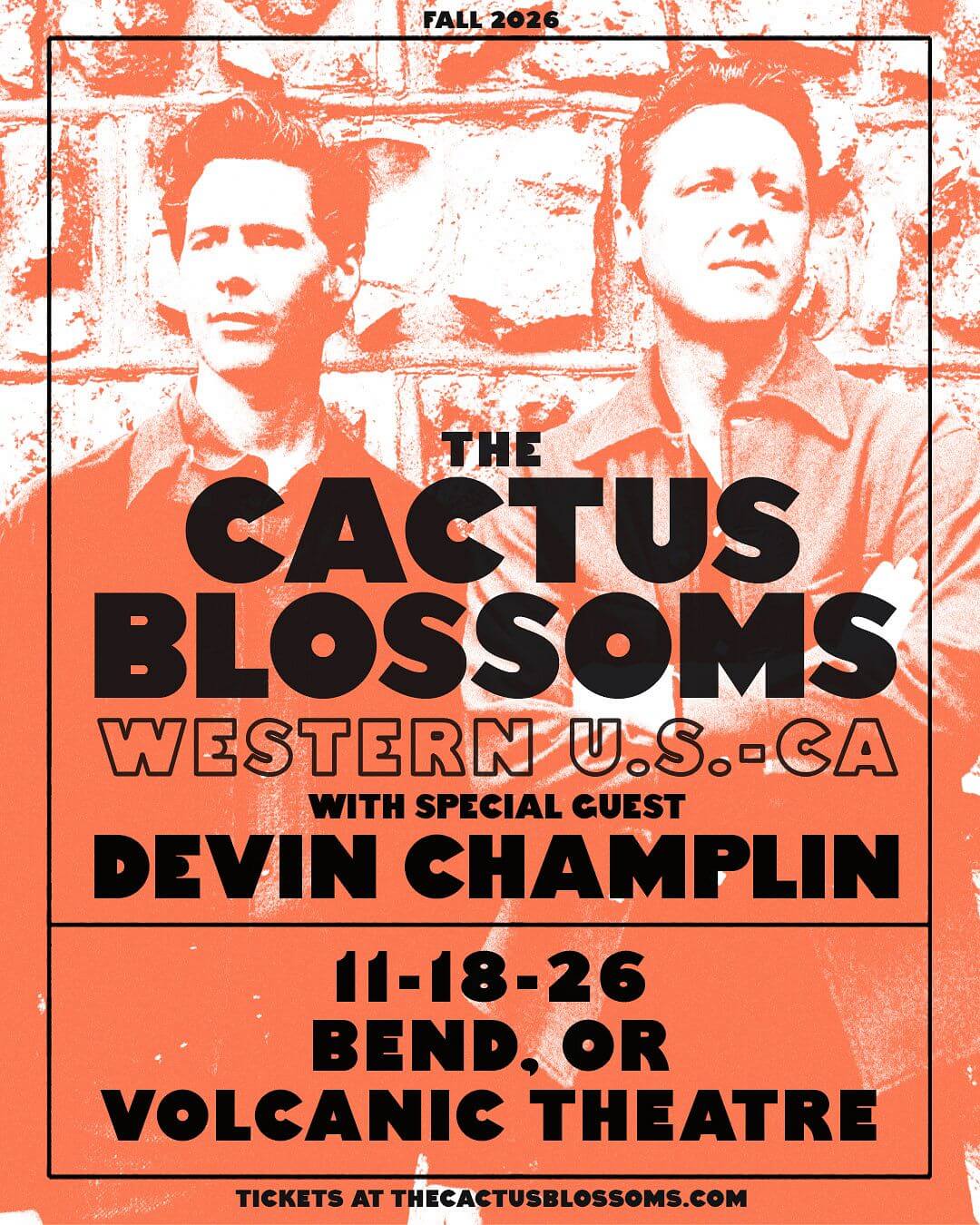 A concert poster for The Cactus Blossoms featuring two men in orange and black in Central Oregon.