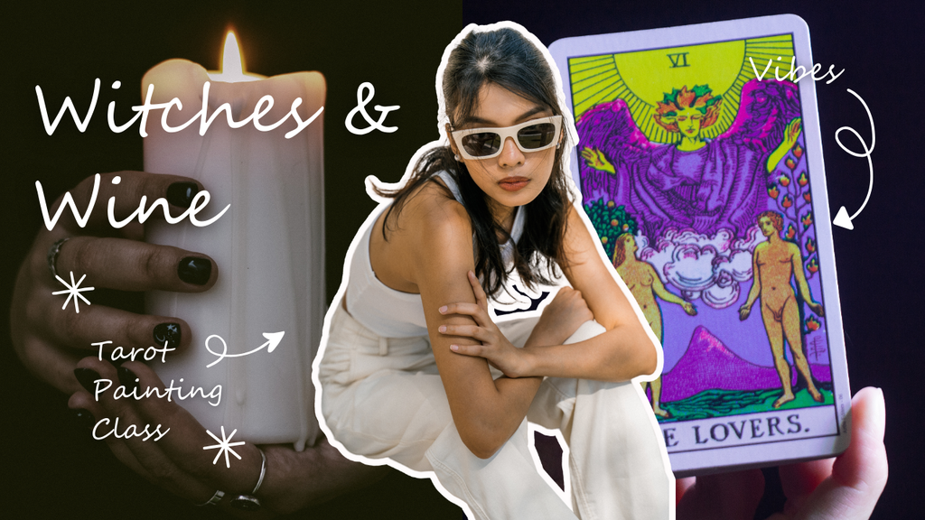 A woman in sunglasses poses next to a candle and The Lovers tarot card in Central Oregon.