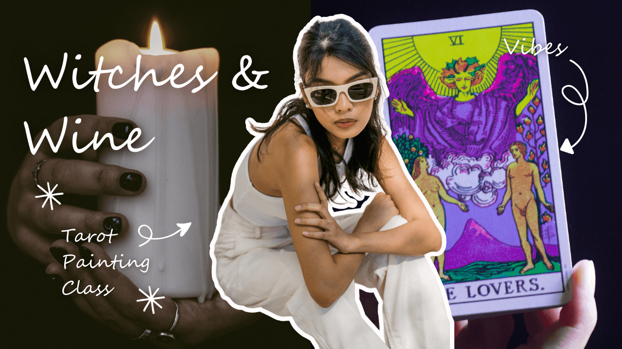 A woman in sunglasses poses next to a candle and The Lovers tarot card in Central Oregon.