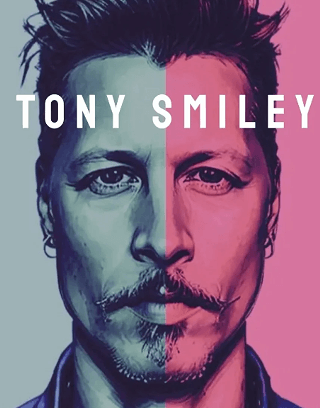 A stylized portrait of a man with a mustache, split between blue and pink tones in Central Oregon.