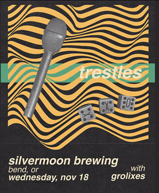 A concert poster featuring a microphone, dice, and wavy lines on a dark background in Central Oregon.