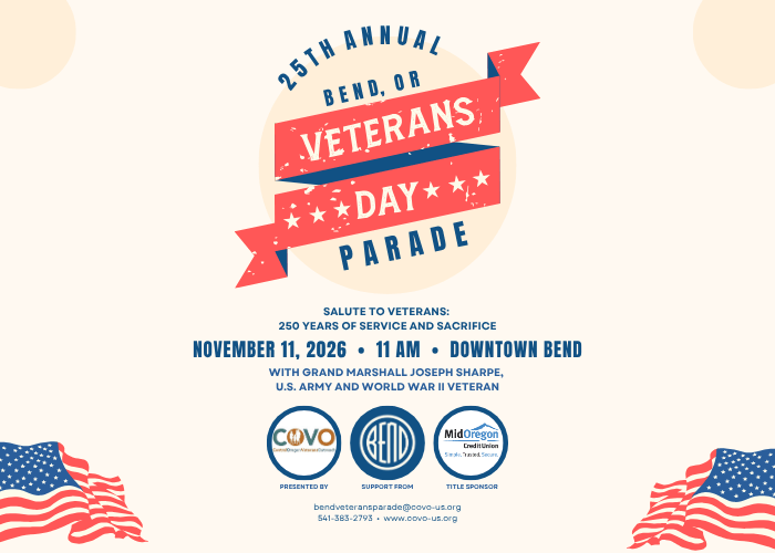 A flyer for the 25th annual Veterans Day parade in Bend, Oregon in Central Oregon.