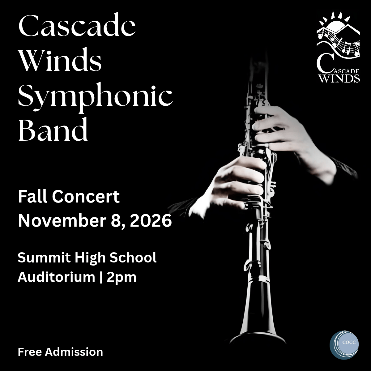 A promotional poster for a Cascade Winds Symphonic Band fall concert in Central Oregon.