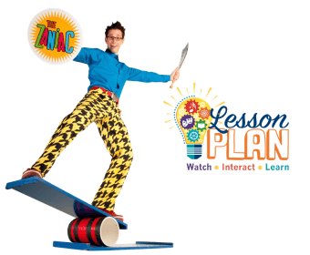 A performer in colorful clothing balances on a rola bola with a lesson plan logo in Central Oregon.