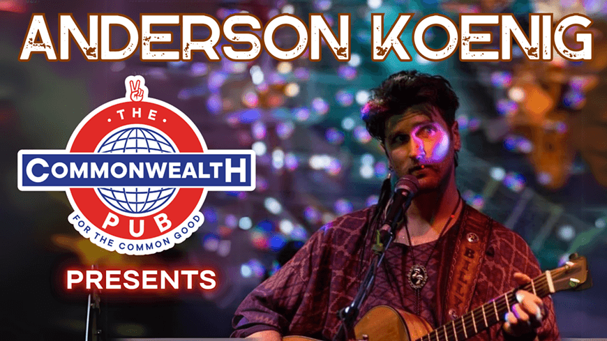 A musician named Anderson Koenig performs with an acoustic guitar at The Commonwealth Pub in Central Oregon.