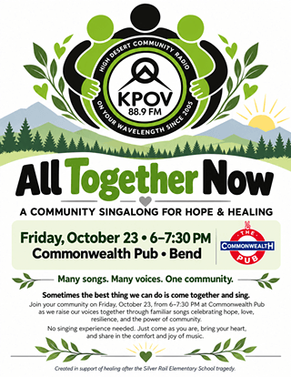 A flyer for a community singalong event hosted by KPOV radio at Commonwealth Pub in Central Oregon.