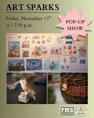 A flyer for an Art Sparks pop-up show featuring various artworks and crafts in Central Oregon.