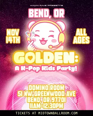A colorful event flyer for a K-Pop kids party in Bend, Oregon in Central Oregon.