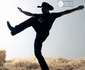 A silhouette of a man in a cowboy hat dancing on hay in Central Oregon.