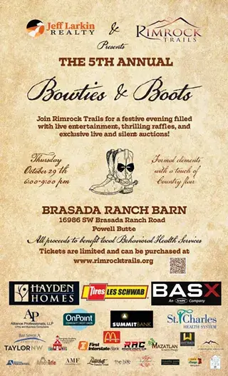 A flyer for the 5th annual Bowties and Boots charity event at Brasada Ranch Barn in Central Oregon.