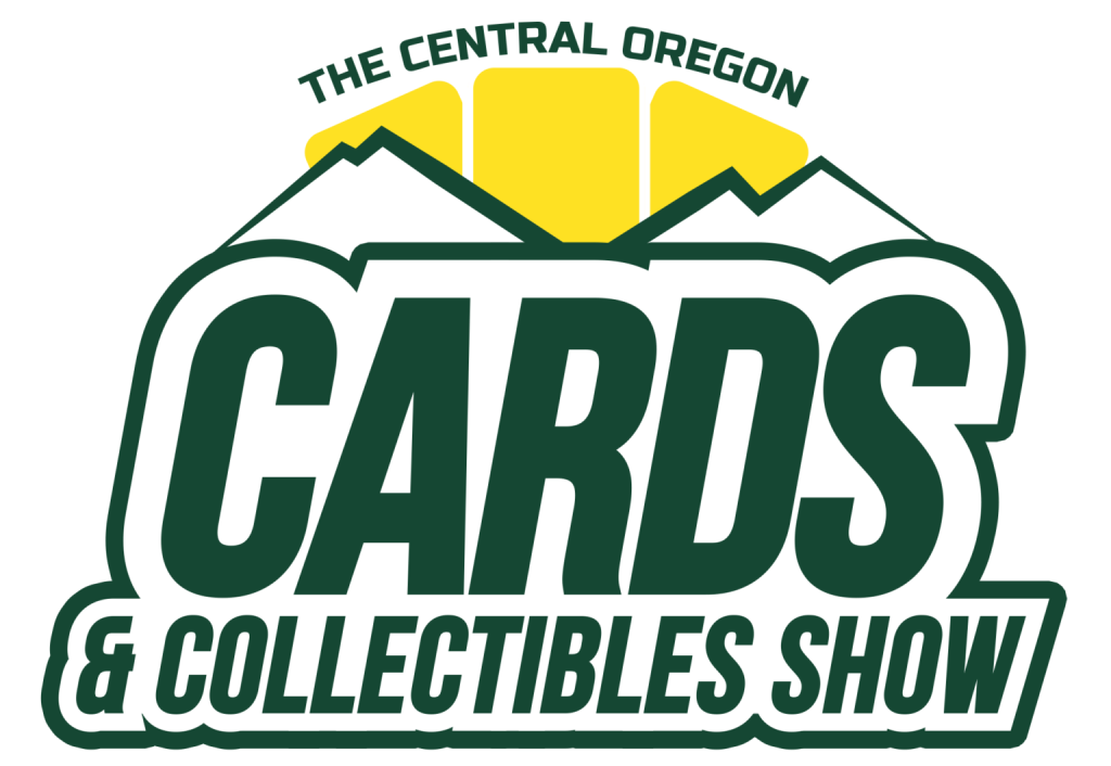 Logo for The Central Oregon Cards & Collectibles Show with mountain and card graphics in Central Oregon.