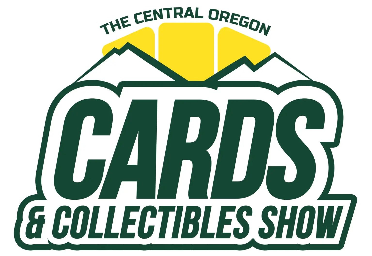 Logo for The Central Oregon Cards & Collectibles Show with mountain and card graphics in Central Oregon.