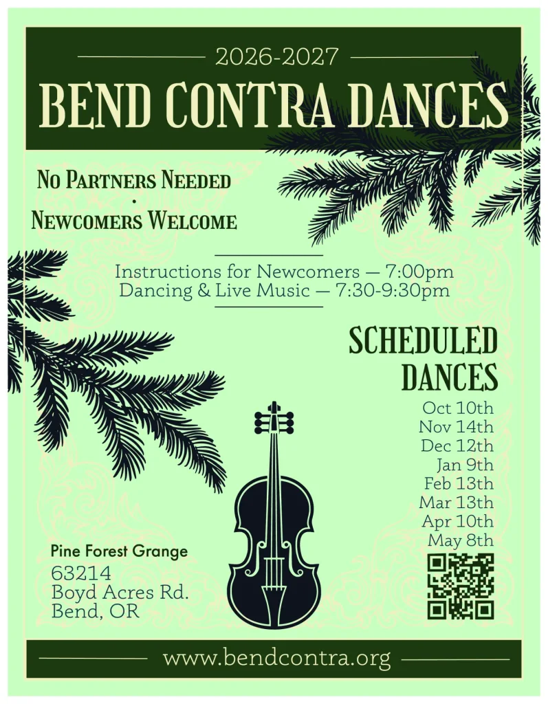 A flyer for Bend Contra Dances featuring a fiddle, pine branches, and event schedule in Central Oregon.