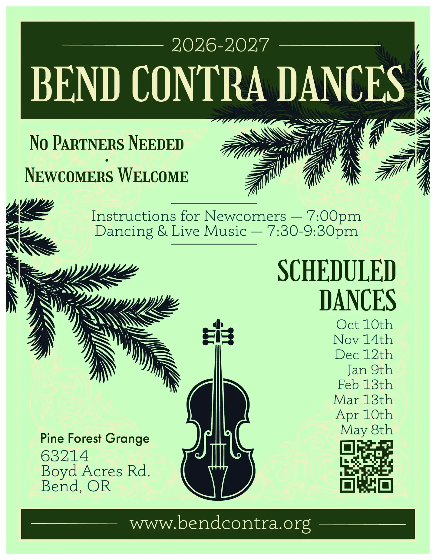 A flyer for Bend Contra Dances featuring a fiddle, pine branches, and event schedule in Central Oregon.