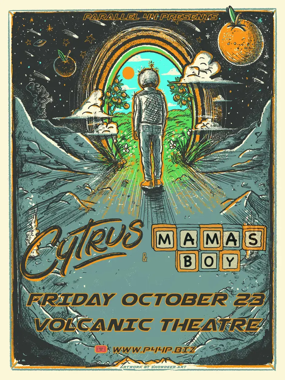 A surreal concert poster featuring a person walking through a portal into a garden in Central Oregon.