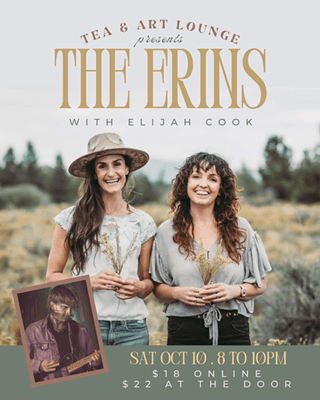 A promotional poster for a musical performance by The Erins and Elijah Cook in Central Oregon.