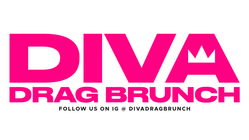 A pink logo for Diva Drag Brunch with a crown icon on the letter A in Central Oregon.