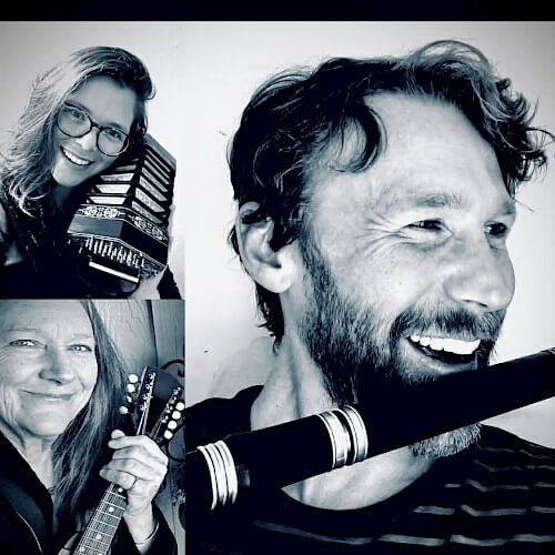 A collage of three musicians playing a concertina, a mandolin, and a flute in Central Oregon.