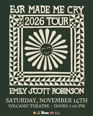 A concert poster for Emily Scott Robinson's 2026 tour featuring a stylized sun illustration in Central Oregon.