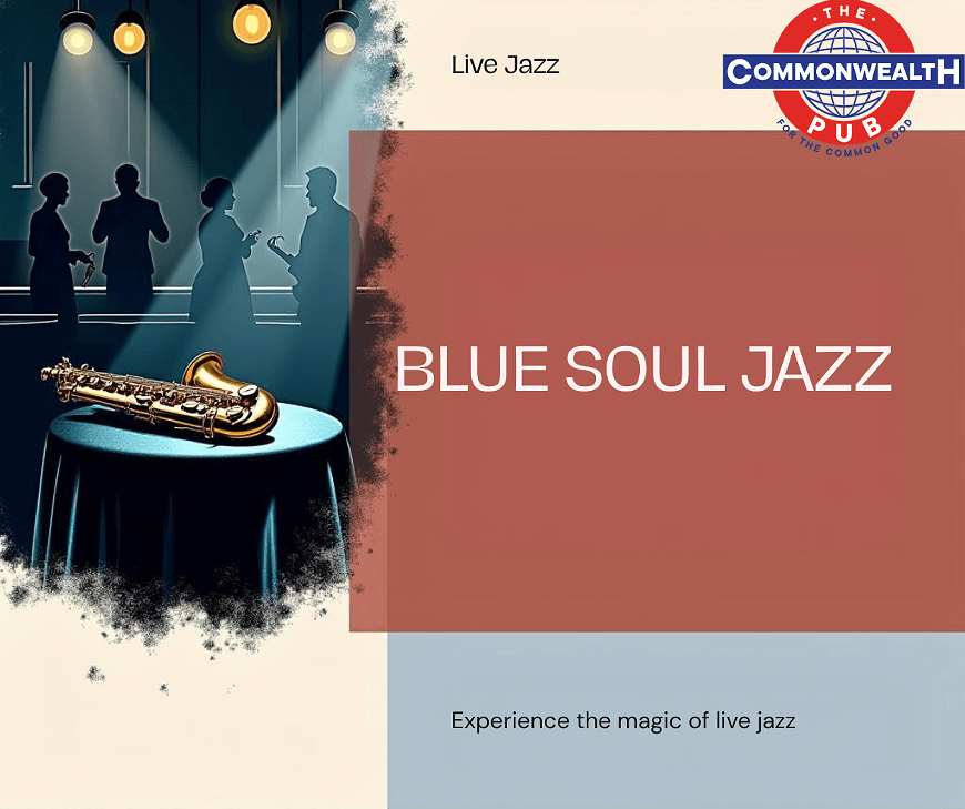 A promotional poster for live jazz at The Commonwealth Pub featuring a saxophone in Central Oregon.