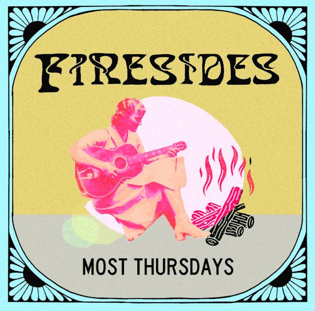 A vintage-style illustration of a woman playing guitar by a campfire in Central Oregon.