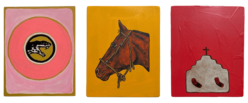Three separate paintings featuring a snake, a horse head, and a church-like structure in Central Oregon.