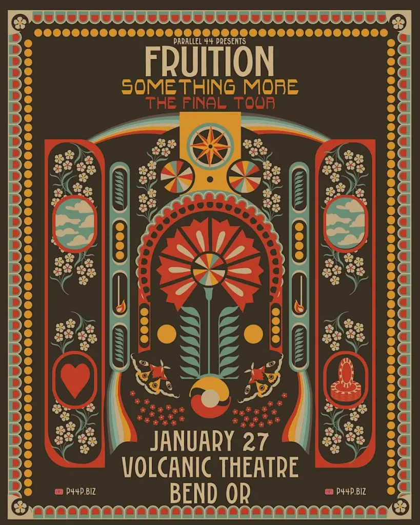 A vintage-style concert poster for Fruition's final tour at Volcanic Theatre in Central Oregon.
