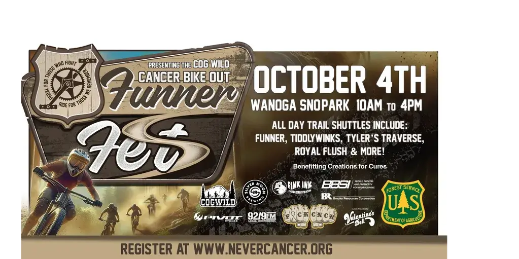 Promotional poster for the Cog Wild Cancer Bike Out Funner Fest on October 4th in Central Oregon.
