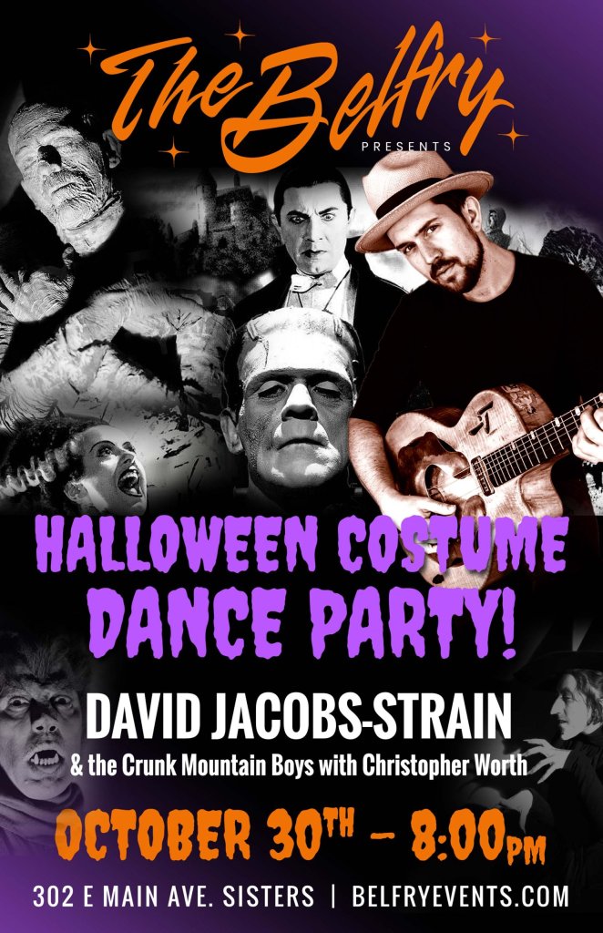 A promotional poster for a Halloween costume dance party featuring classic movie monsters in Central Oregon.