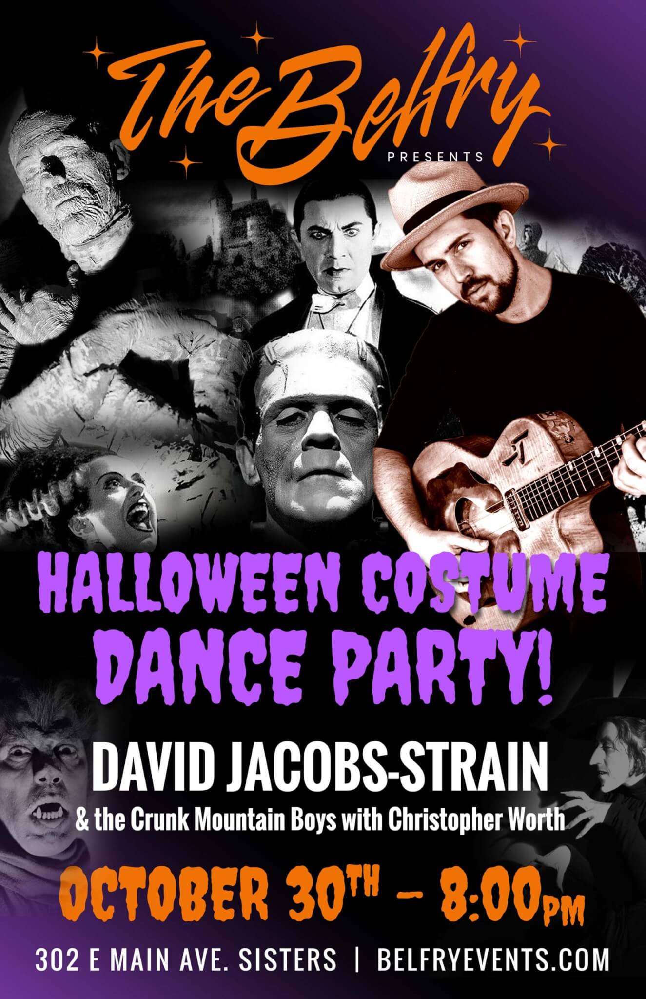 A promotional poster for a Halloween costume dance party featuring classic movie monsters in Central Oregon.