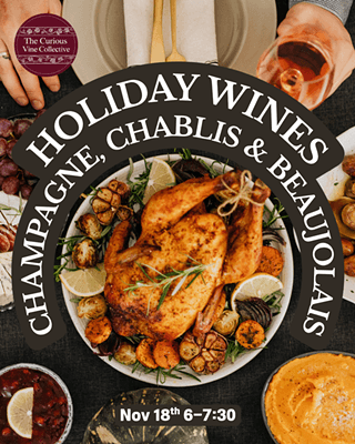 A promotional flyer for a holiday wine tasting event featuring a roasted chicken dinner in Central Oregon.