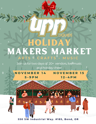 A flyer for a holiday makers market with vendors, music, and festive winter imagery in Central Oregon.