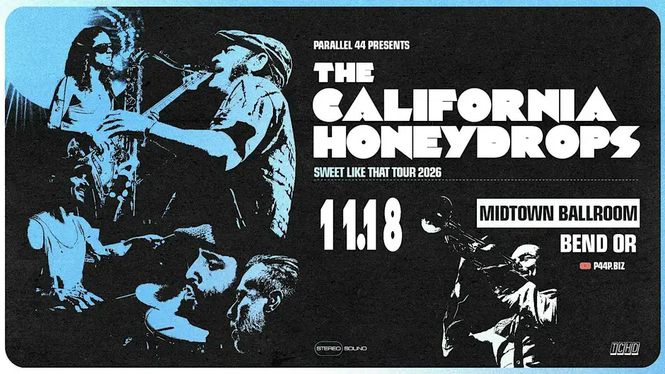 A concert poster for The California Honeydrops featuring band members playing instruments in Central Oregon.
