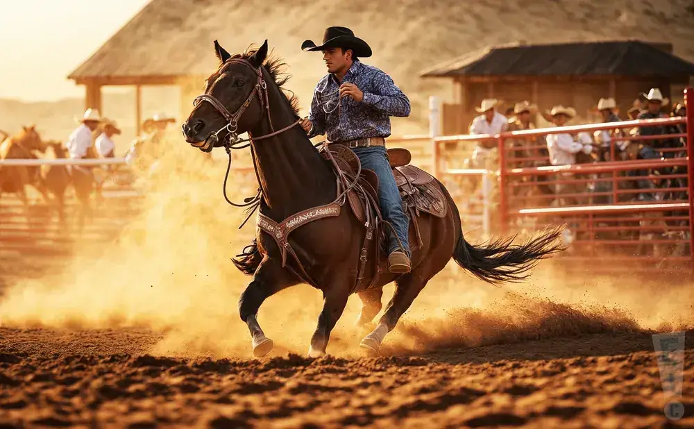A cowboy rides a galloping horse through a dusty rodeo arena at sunset in Central Oregon.