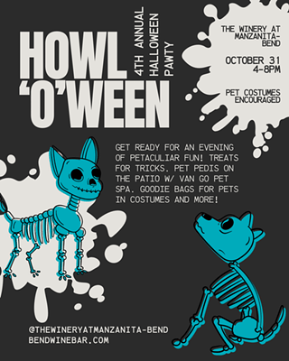 A flyer for a Howl-O-Ween pet party featuring blue skeleton dog illustrations in Central Oregon.