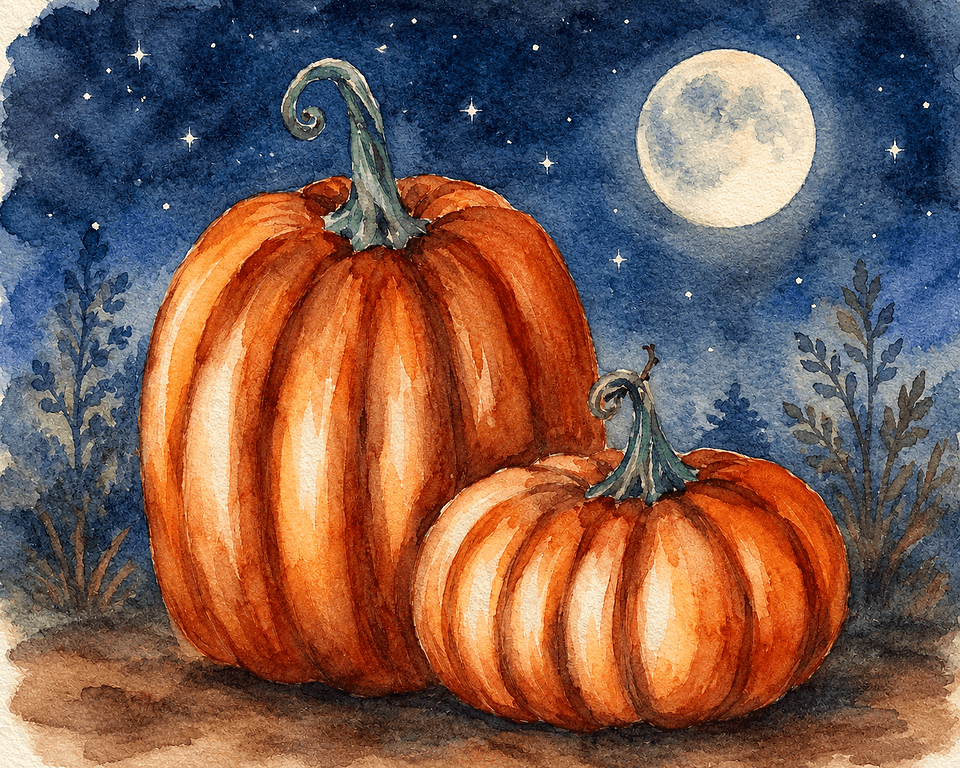 Two orange pumpkins sit under a full moon and starry night sky in Central Oregon.