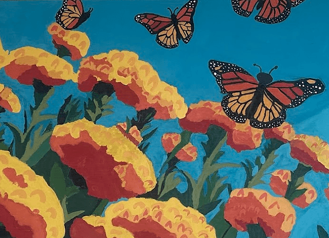 A painting of monarch butterflies flying over bright yellow and orange marigold flowers in Central Oregon.