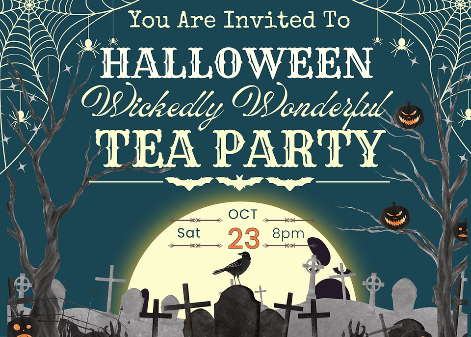 A spooky Halloween tea party invitation featuring a graveyard, full moon, and cobwebs in Central Oregon.