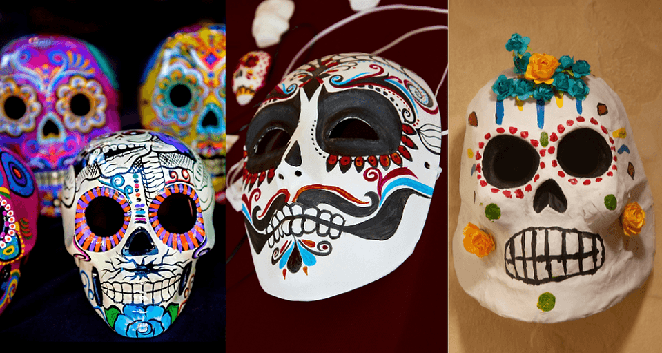 A collage of colorful, decorated sugar skull masks and ornaments for Day of the Dead in Central Oregon.