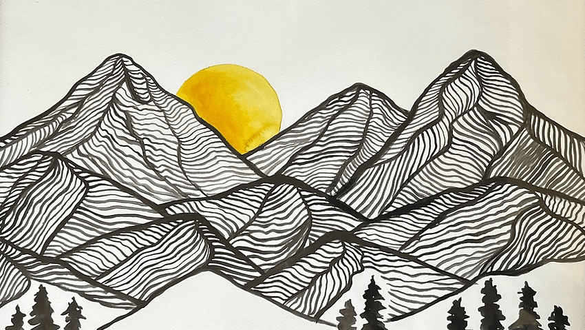A stylized line art drawing of mountains with a yellow sun in Central Oregon.