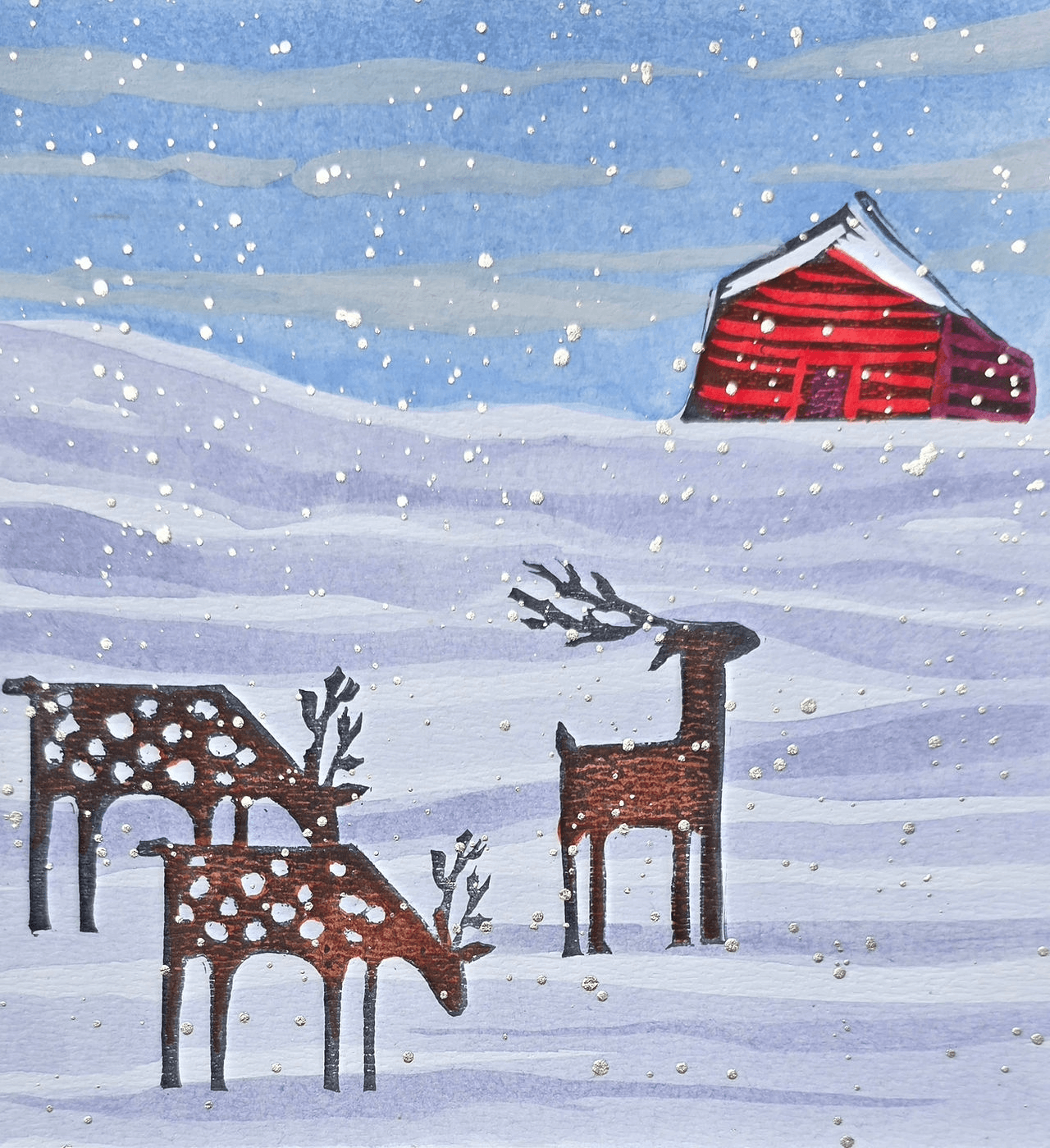 A watercolor painting of three deer in a snowy field with a red barn in Central Oregon.