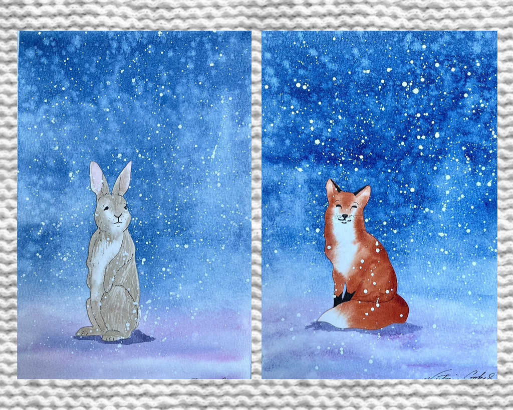 A watercolor painting of a rabbit and a fox in a snowy blue landscape in Central Oregon.